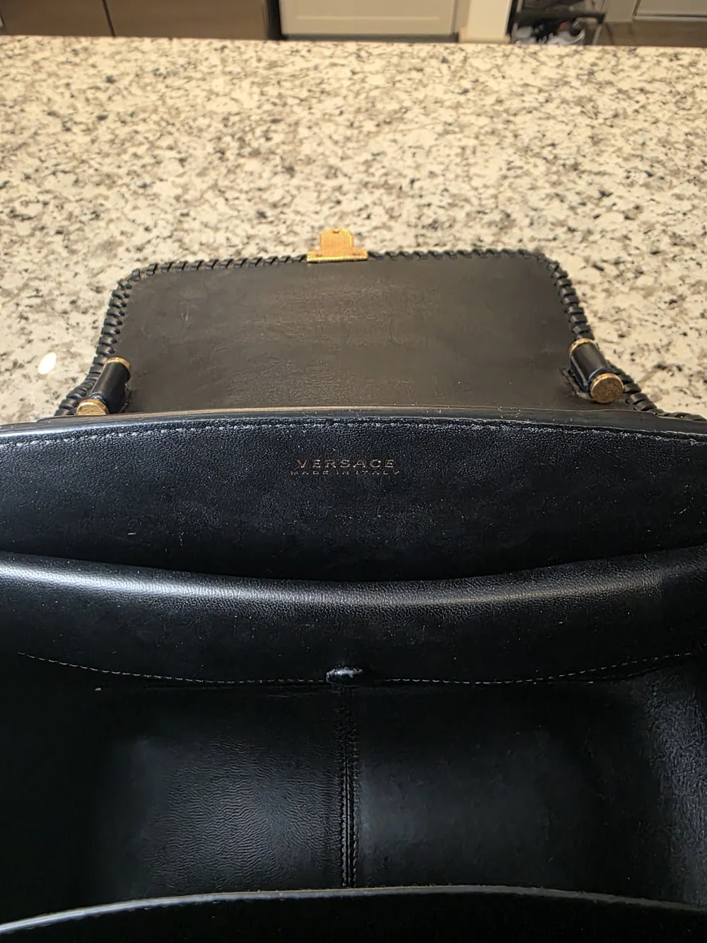 Versace Black Leather Satchel with Gold V Leaf Emblem